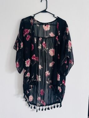 Moa Moa Black Sheer Floral Kimono with Pink Blooms Whimsygoth Boho